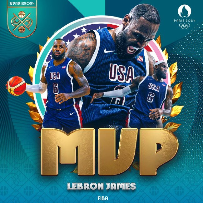 FIBA官方：詹姆斯榮膺巴黎奧運(yùn)MVP 場(chǎng)均14+7+8率隊(duì)六戰(zhàn)全勝